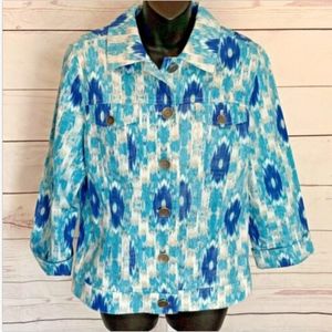 Chico's Linen Blend Ikat Print Jean Jacket Sz 1 S